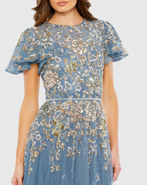 Blue Embellished Butterfly Sleeve High Neck Gown