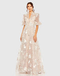 Petite Pink Queen Anne Puff Sleeve A-Line Gown- Mac Duggal
