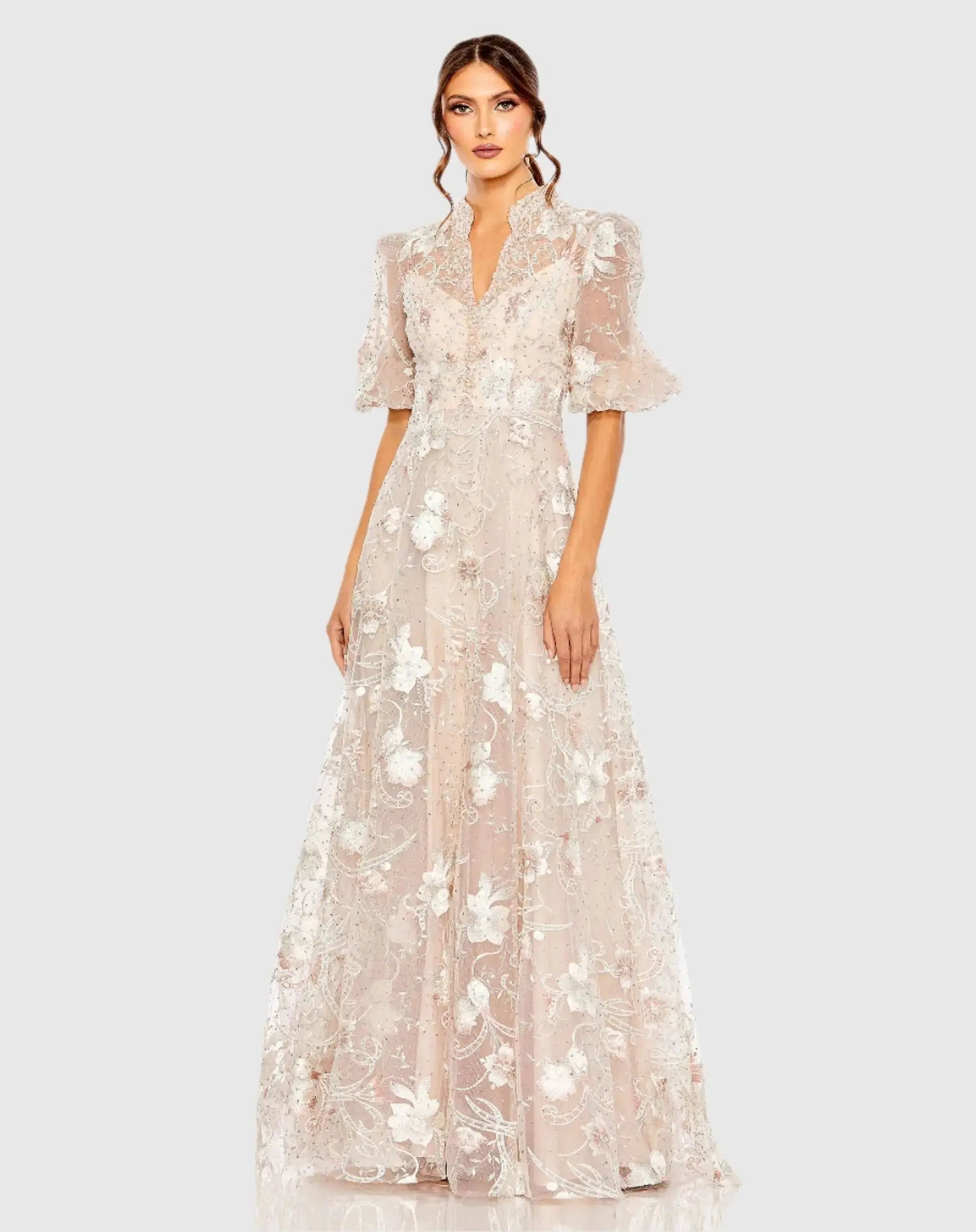 Petite Pink Queen Anne Puff Sleeve A-Line Gown- Mac Duggal