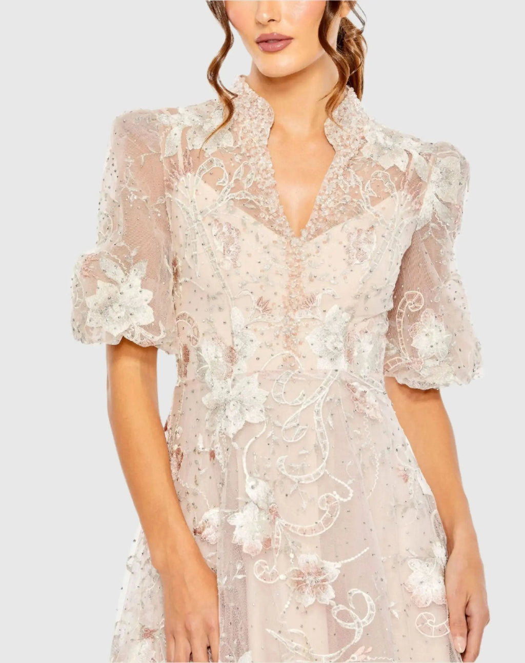 Petite Pink Queen Anne Puff Sleeve A-Line Gown