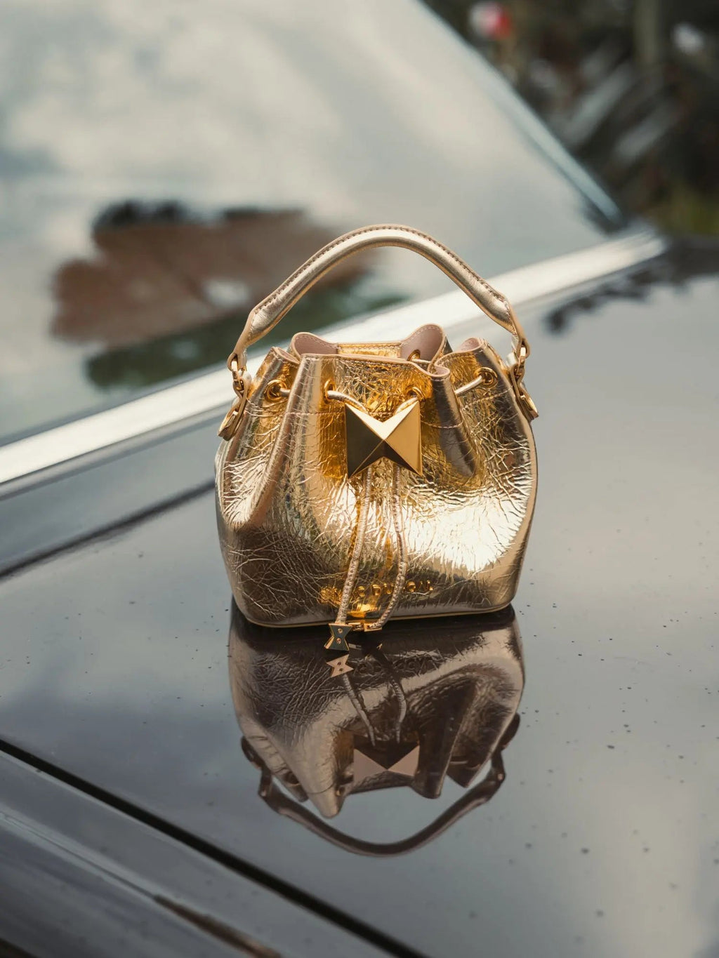 Gold Mini Crinkle Metallic Leather Bucket Bag