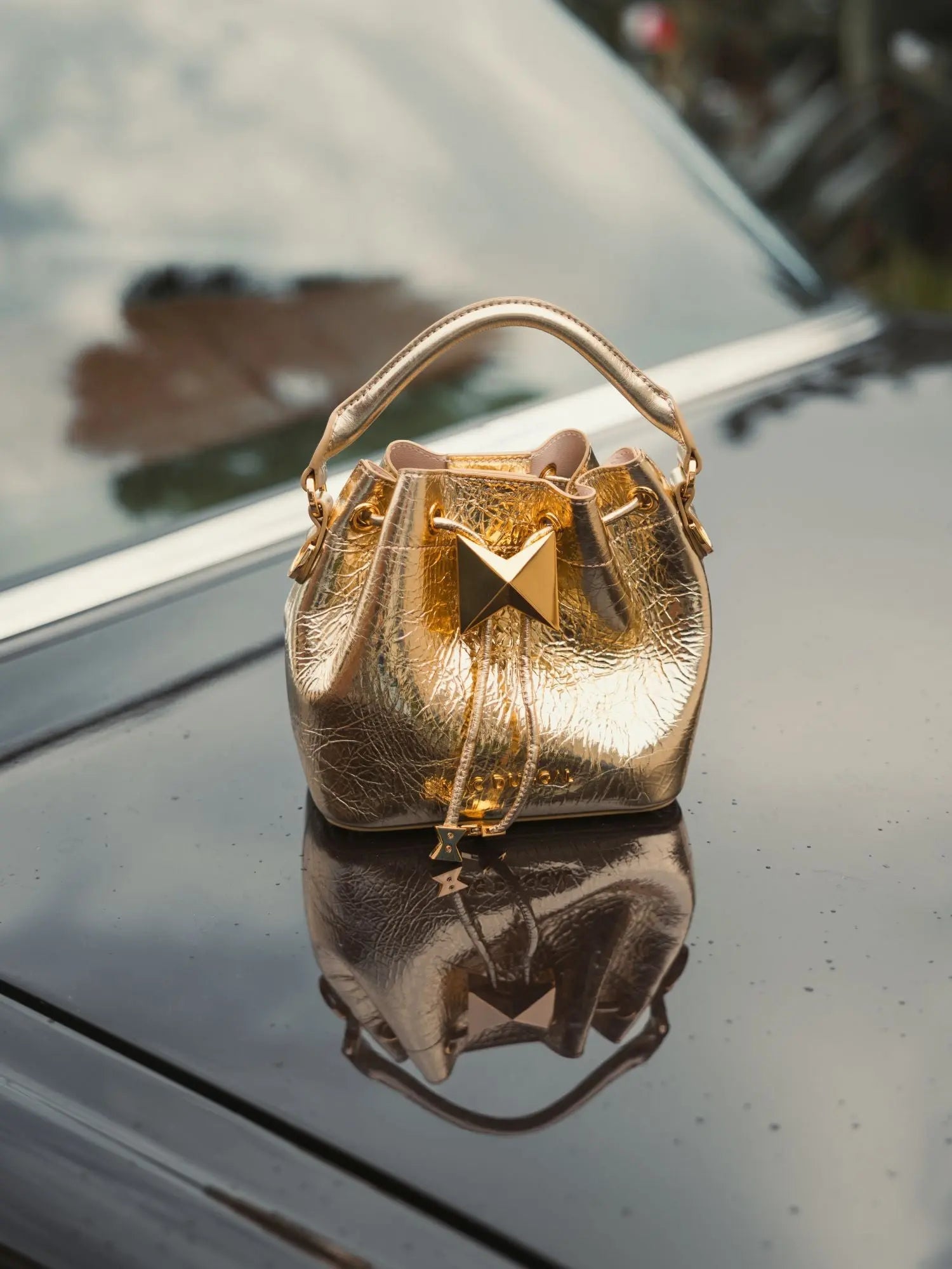 Gold Mini Crinkle Metallic Leather Bucket Bag